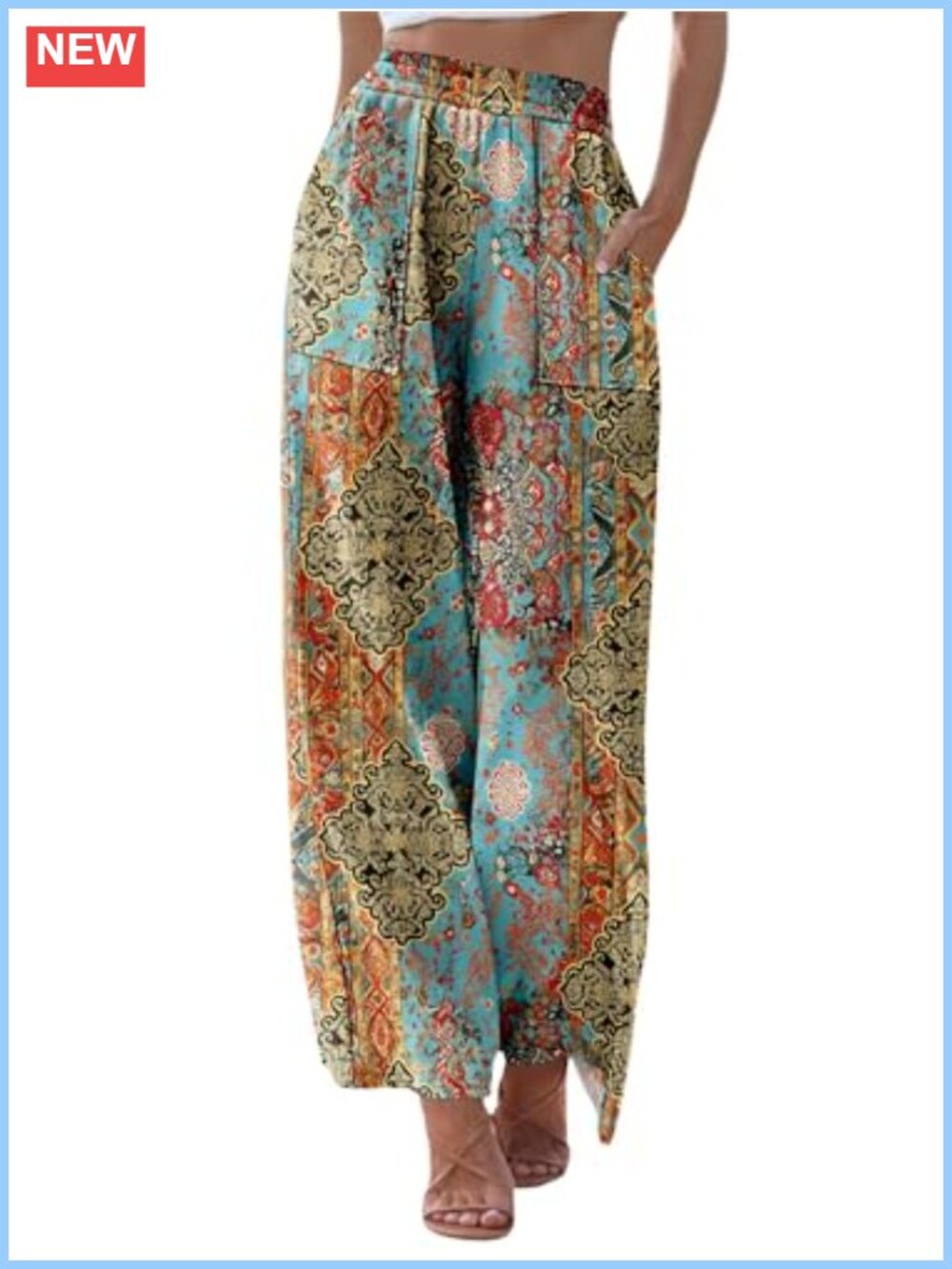 Womens Wide Leg Palazzo Pants, Elastic Waist Casual Lounge Pants with Pockets,